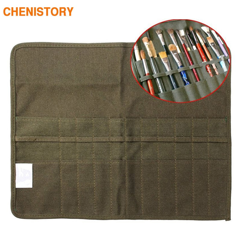 Modern Roll Up Canvas Paint Brush Bag Cases For Artist Draw Pen Watercolor Oil Brush Army Green School Arts Supplies 41 x 33cm